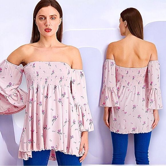 Free People Lana cloudberry, pink floral Rusching Off Shoulder Tunic NWOT large - Picture 12 of 15